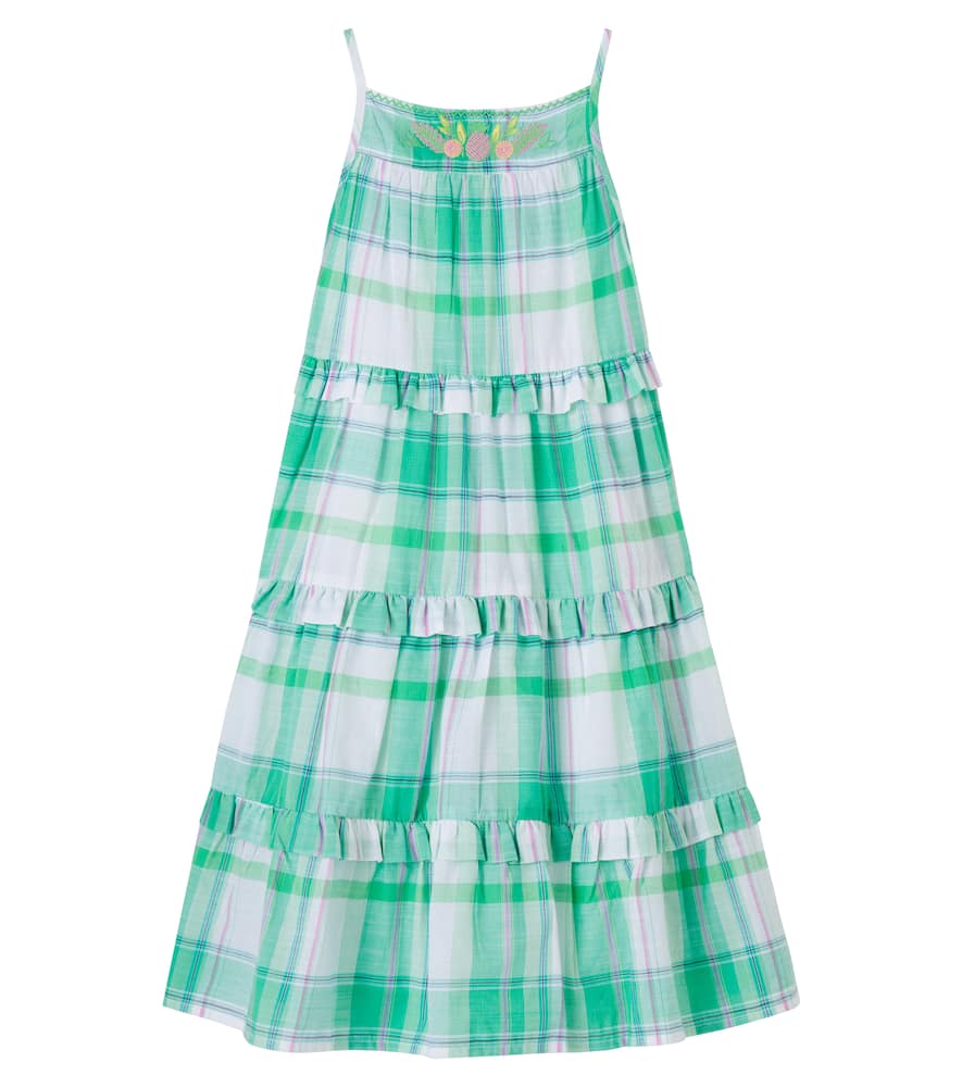 Bonton Kids' Nymphea Checked Tiered Cotton Dress In Green