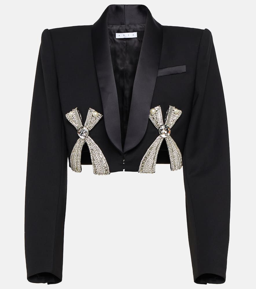 Area Crystal-embellished Cropped Wool Blazer In Black