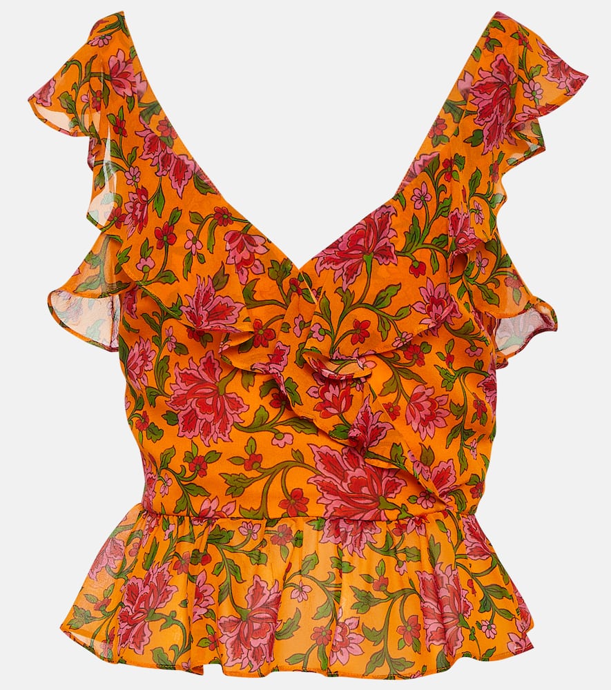 Shop Veronica Beard Floral Silk Top In Orange