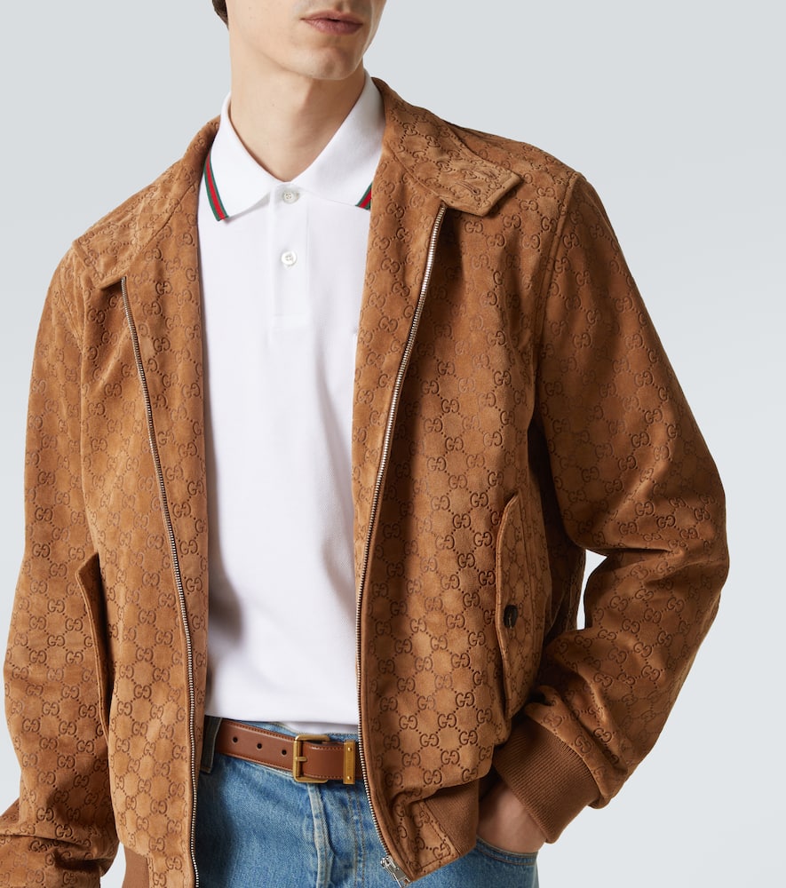 Gucci Brown Jacket With All-over Embossed Gg Motif And Collar With Buttons In Suede Man In Beige
