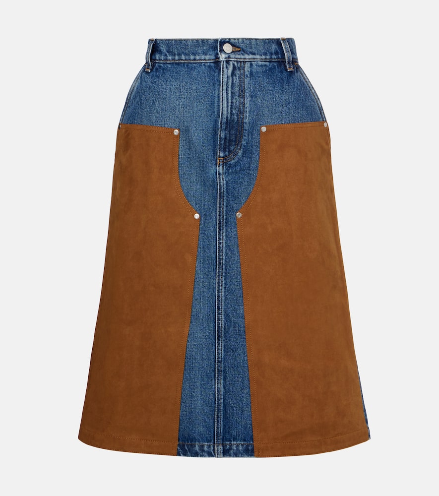 Faux suede-trimmed denim midi skirt
