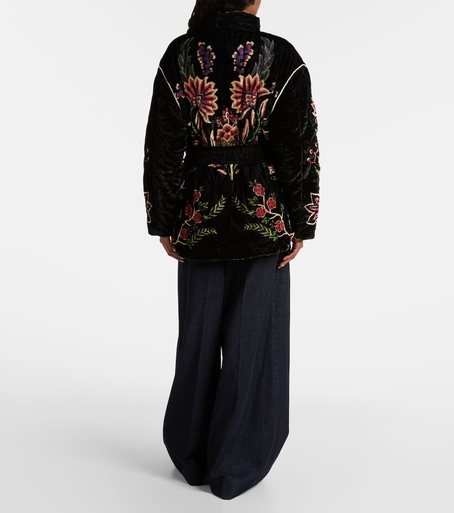 Farm Rio Padded Velvet Jacket With Floral And Bird Embroidery In Black