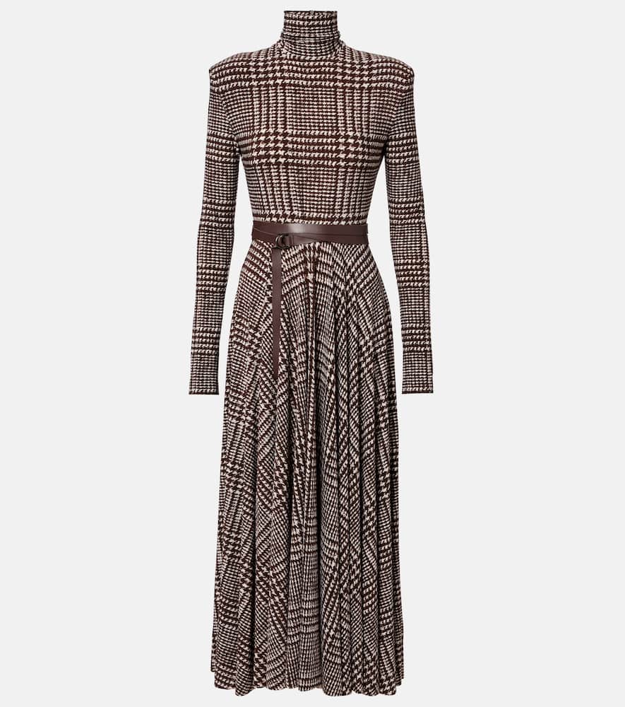 Norma Kamali Belted Houndstooth Turtleneck Midi Dress In Brown