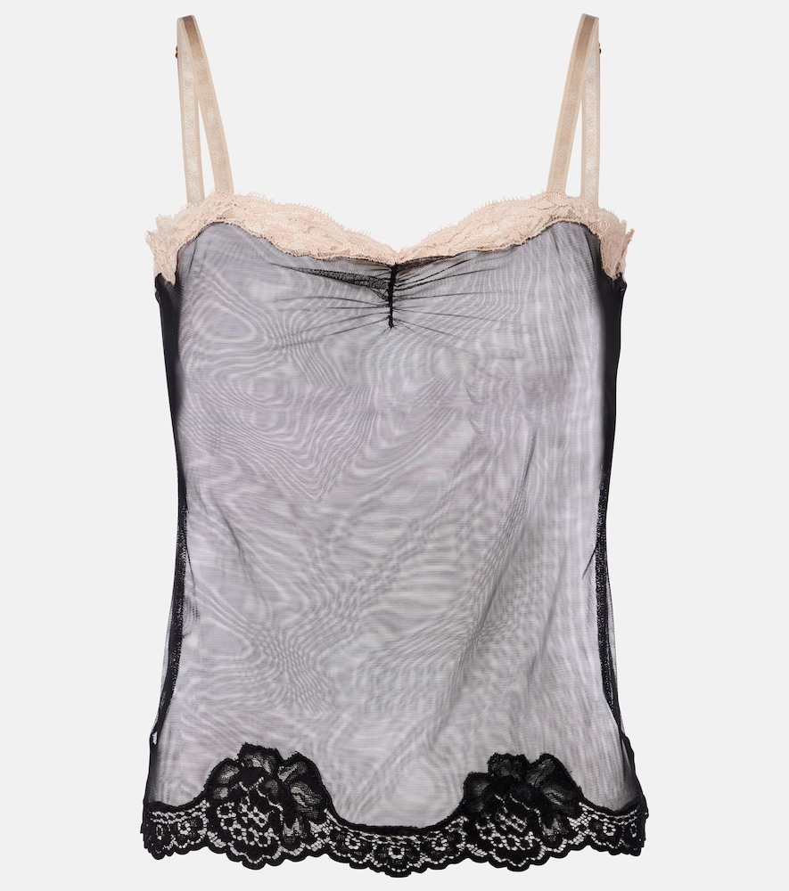 Valentino Lace-trimmed Sheer Mesh Camisole In Gray
