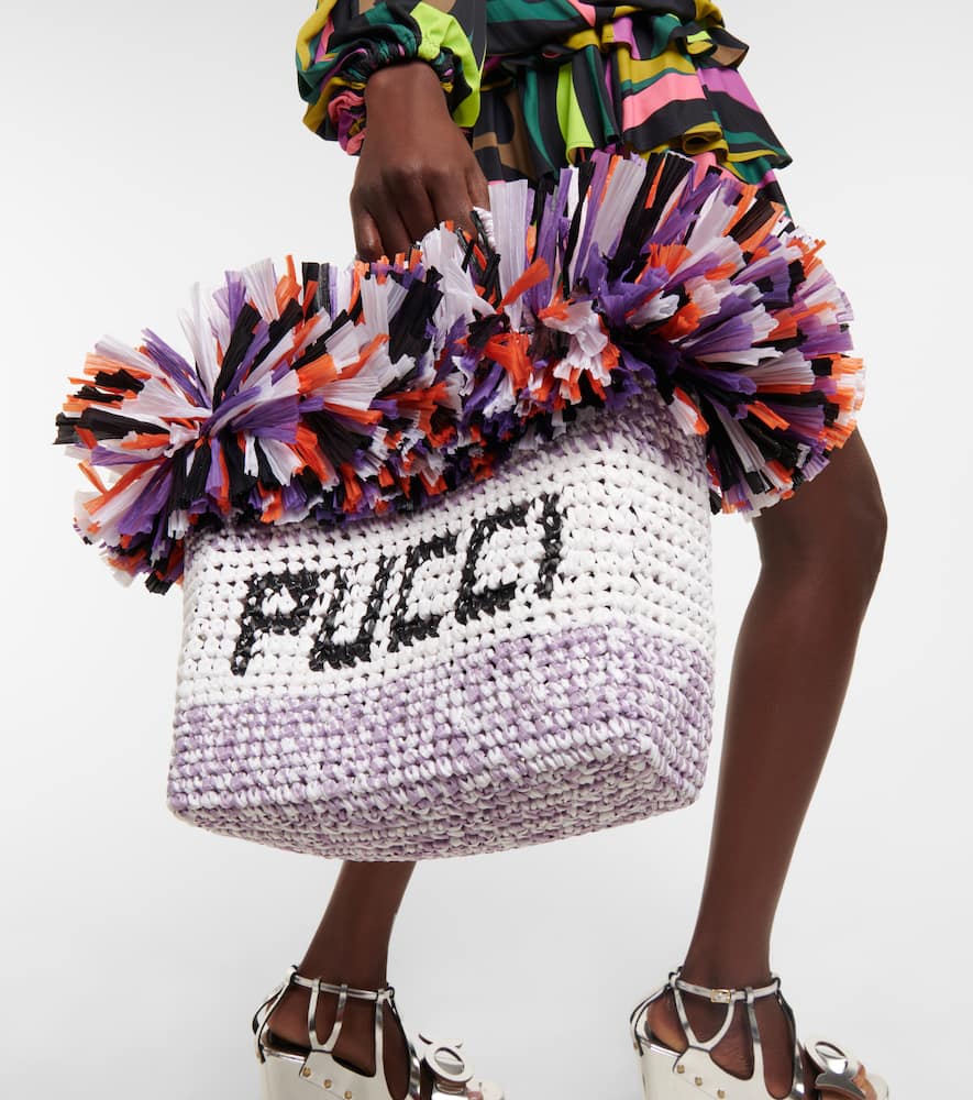 Pucci Logo Small Raffia-trimmed Tote In Multi