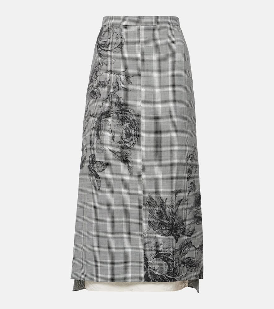 Prince of Wales check floral midi skirt