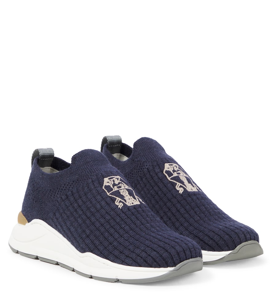 Brunello Cucinelli Sneakers Aus Strick Mit Veloursleder In Blau