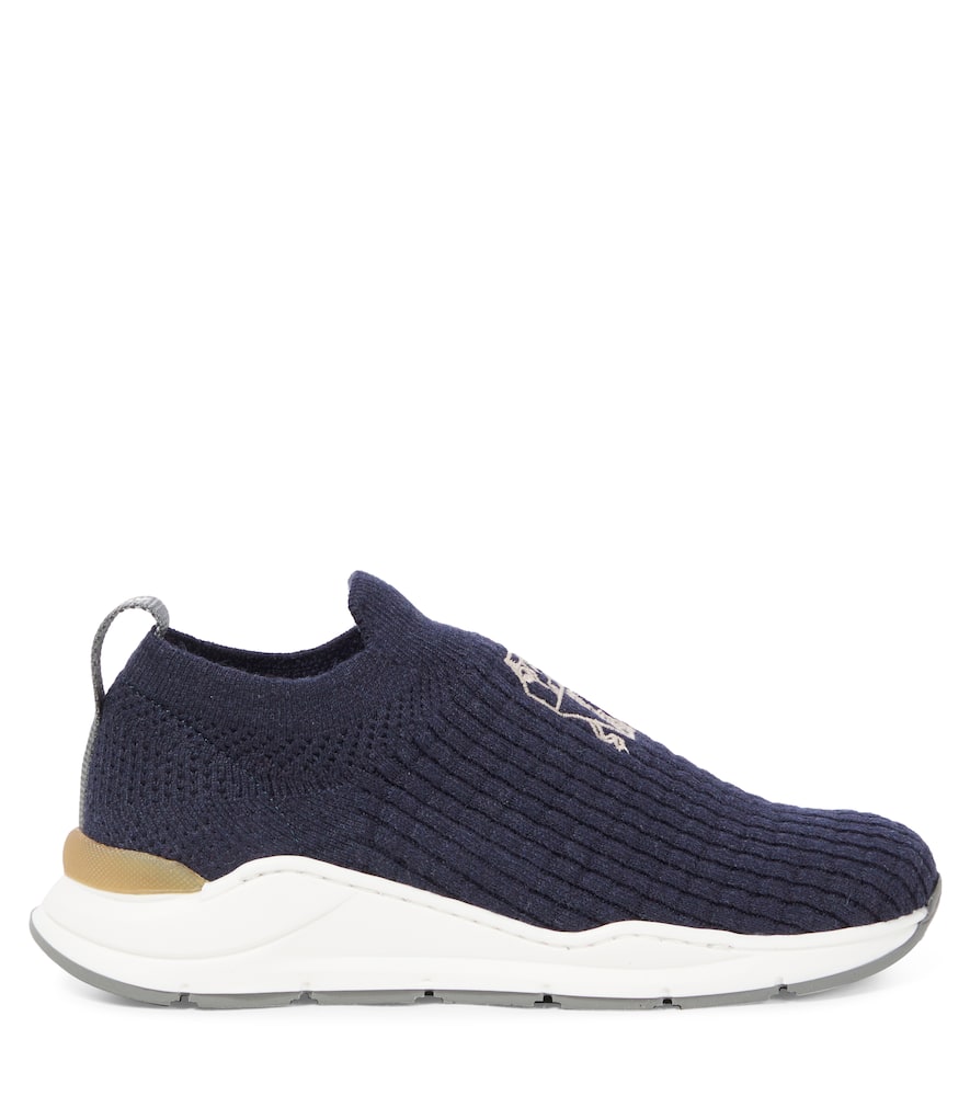 Brunello Cucinelli Sneakers Aus Strick Mit Veloursleder In Blau