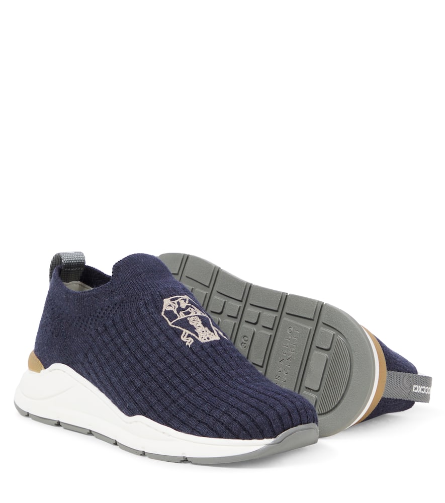 Brunello Cucinelli Sneakers Aus Strick Mit Veloursleder In Blau