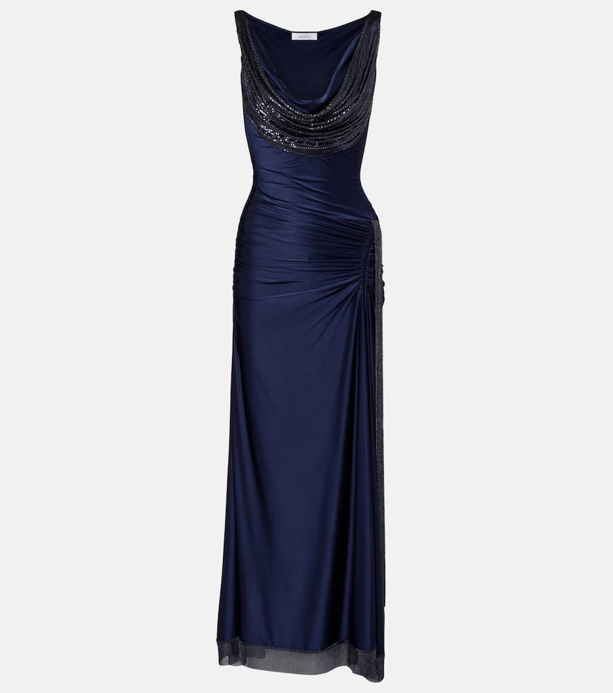 Rabanne Chainmail-embellished Stretch-satin Gown In Blue