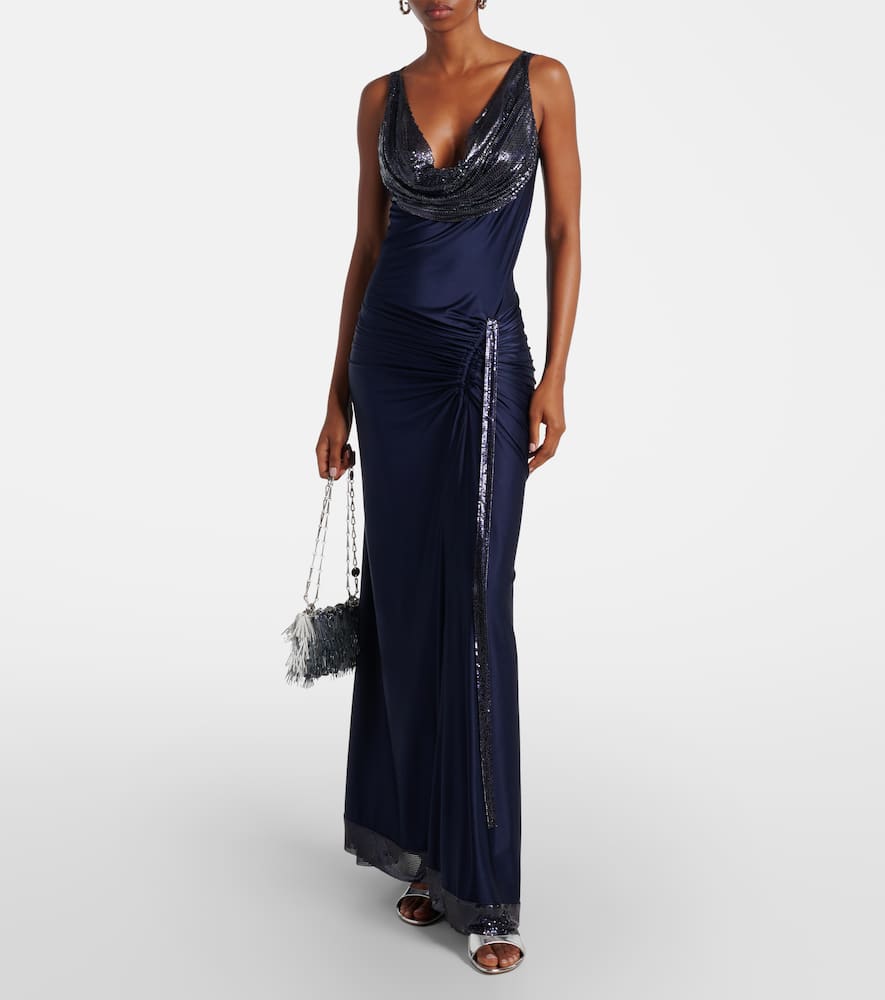 Rabanne Chainmail-embellished Stretch-satin Gown In Blue