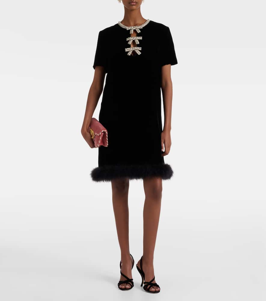 Valentino Feather-trimmed Velvet Minidress In Black