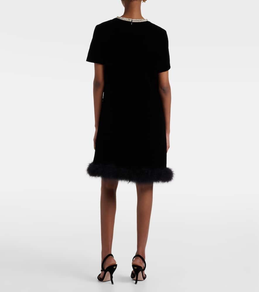 Valentino Feather-trimmed Velvet Minidress In Black