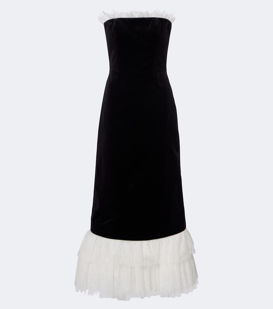 Costarellos Isabetta Strapless Tulle And Lace-trimmed Cotton-velvet Midi Dress In Brown