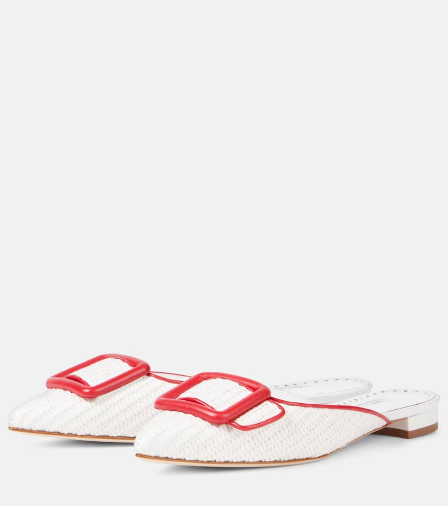 Manolo Blahnik Maysale Leather-trimmed Raffia Mules In White