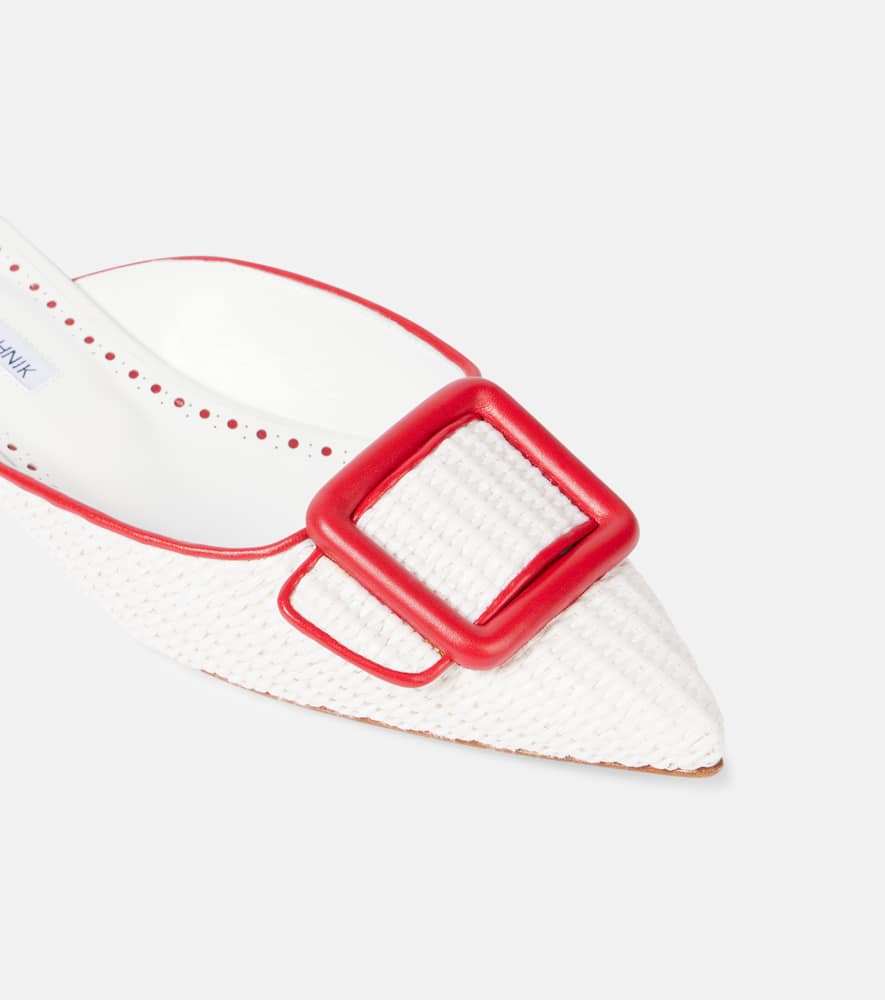 Manolo Blahnik Maysale Leather-trimmed Raffia Mules In White