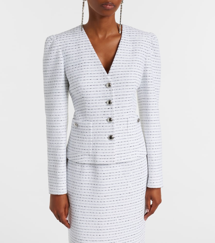 Alessandra Rich Tweed Embellished V-neck Jacket In White