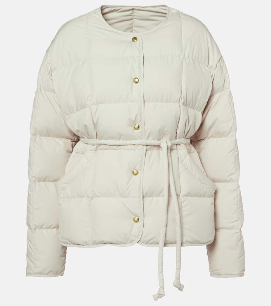 Belted leather-trimmed down jacket