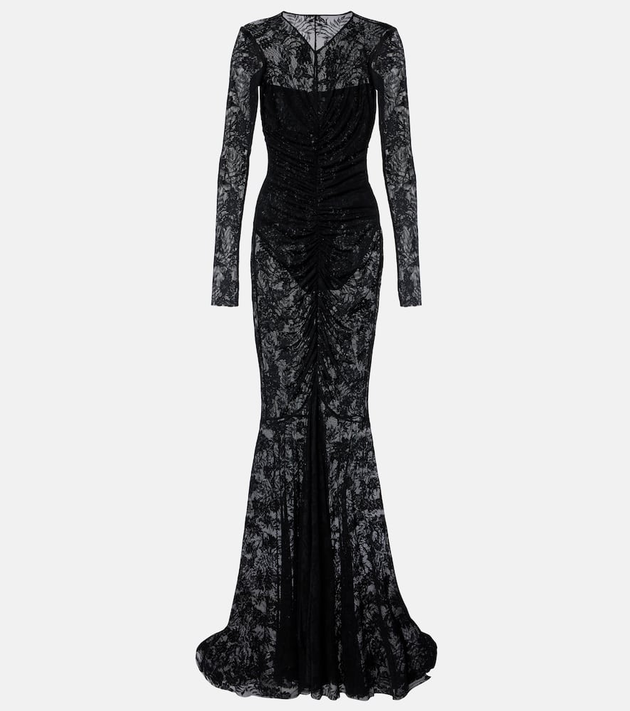 Norma Kamali Long Sleeve V Neck Shirred Front Fishtail Gown In Black