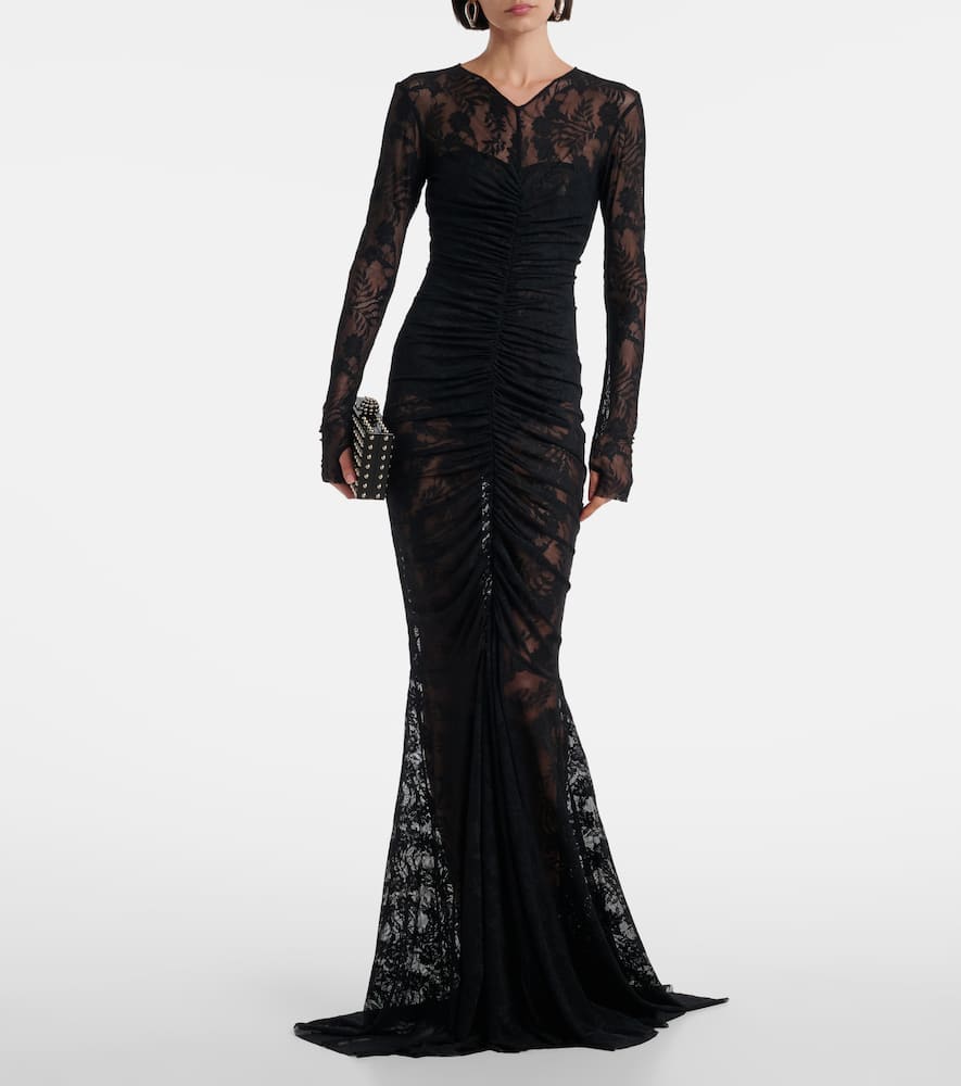 Norma Kamali Long Sleeve V Neck Shirred Front Fishtail Gown In Black