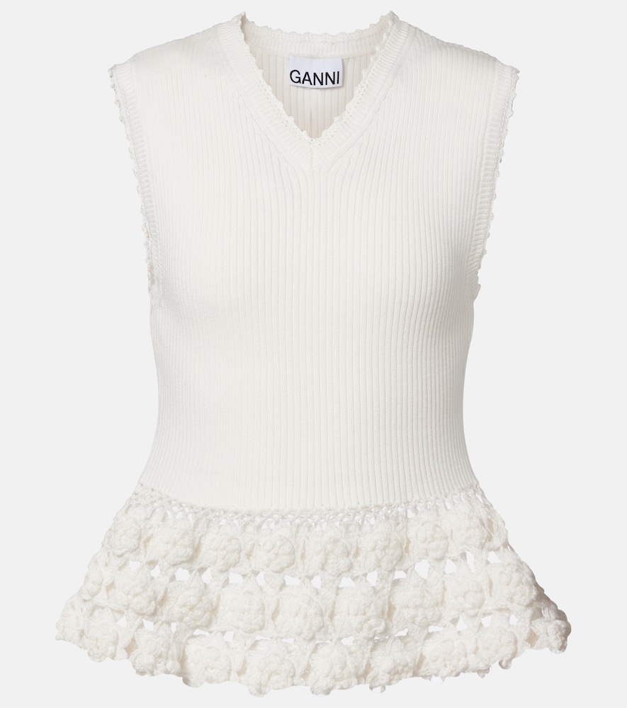 Ganni Women's White Crochet-Trimmed Ribbed Cotton-Blend Top UK Size 16 - Mytheresa