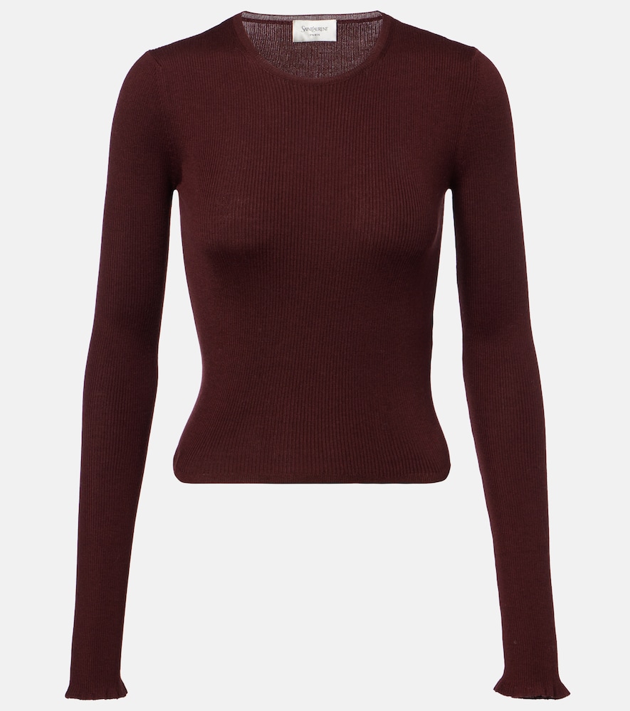 Saint Laurent Ribbed-knit Wool, Cashmere, And Silk Top In Burgundy