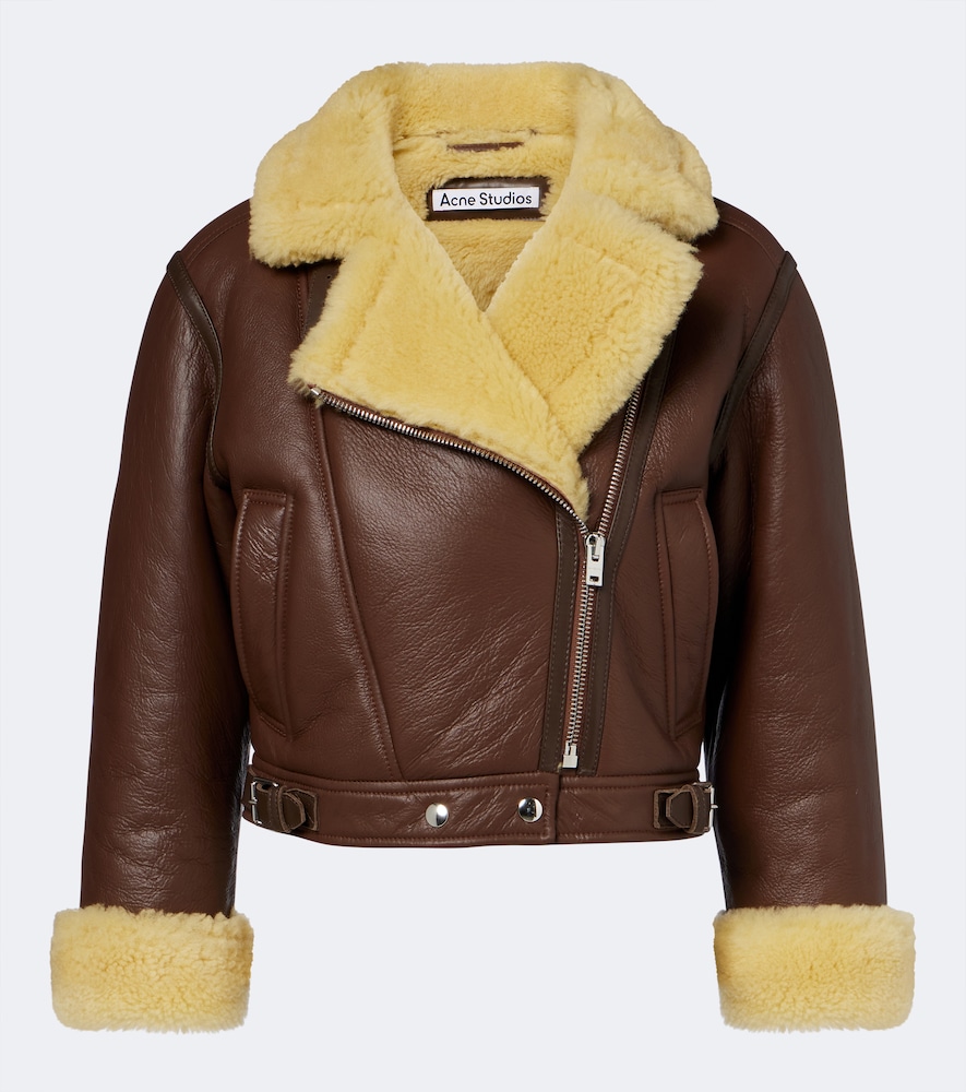 Shearling-Trimmed Leather Biker Jacket