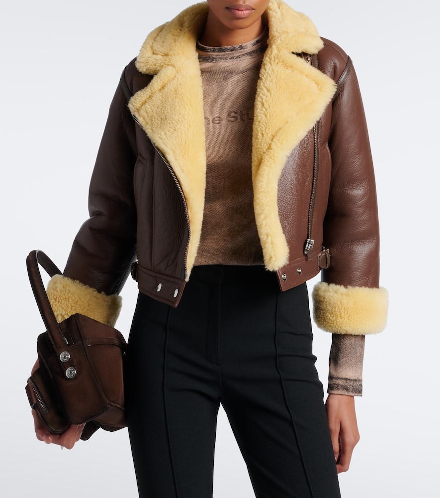 Shearling-Trimmed Leather Biker Jacket