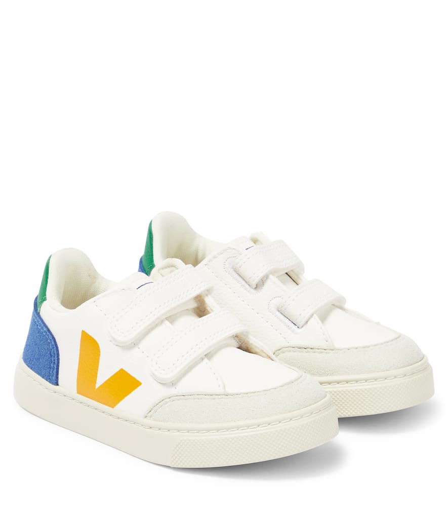 Veja V-12 Chrome-free Leather Sneakers In Extra-white Multico-indigo