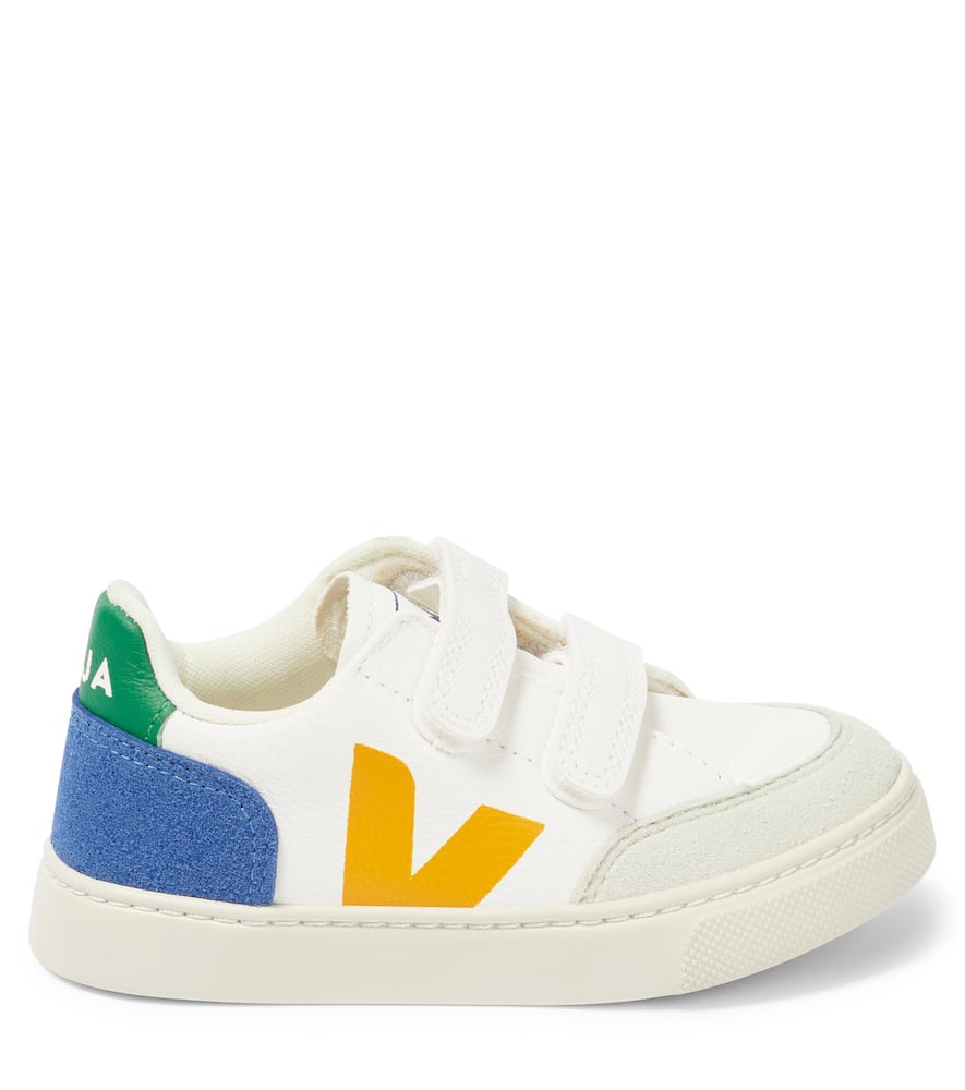 Shop Veja V-12 Chromefree Leather Low-top Sneakers In Extra-white Multico-indigo