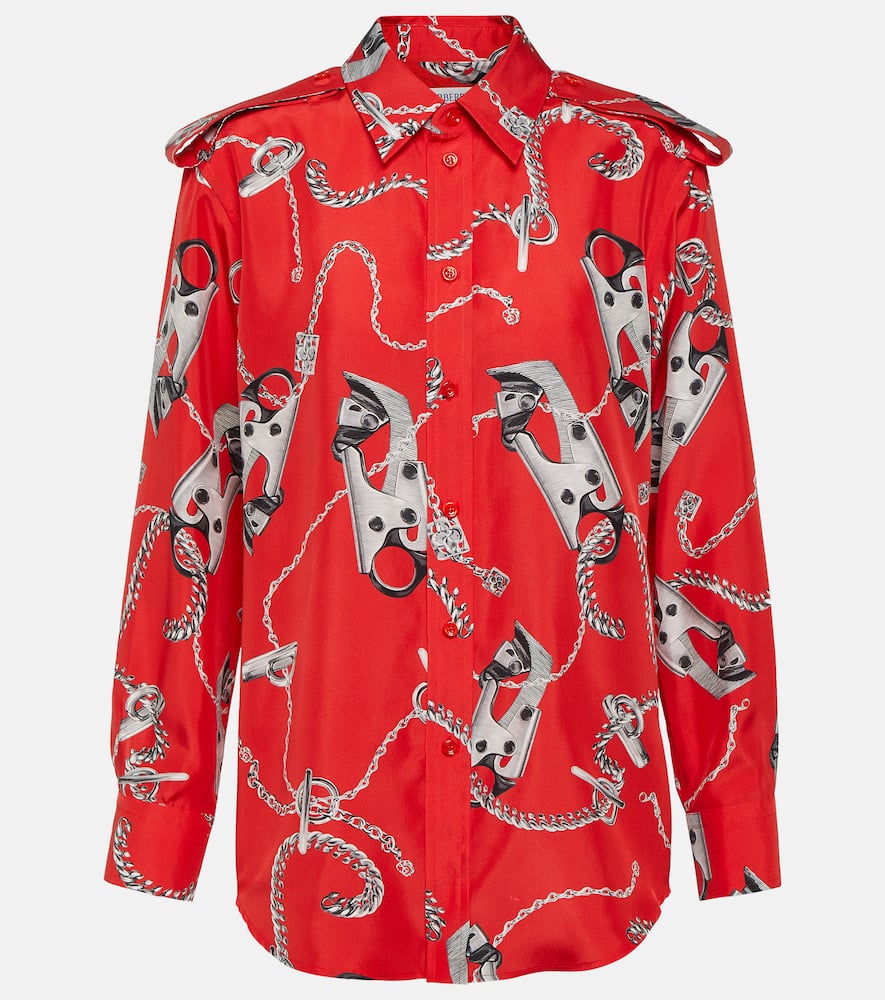 Burberry Chain-print Shoulder-epaulet Button-front Silk Top In Red