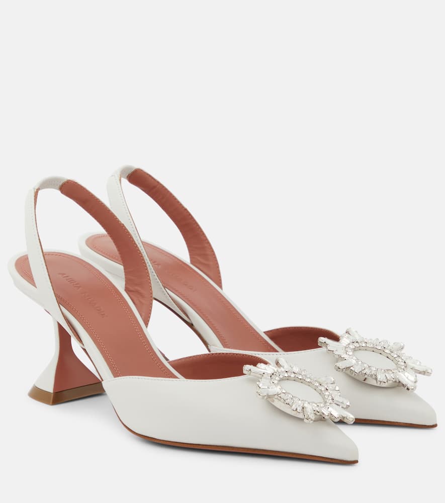 Amina Muaddi Jewel Embellished Leather Pumps In White