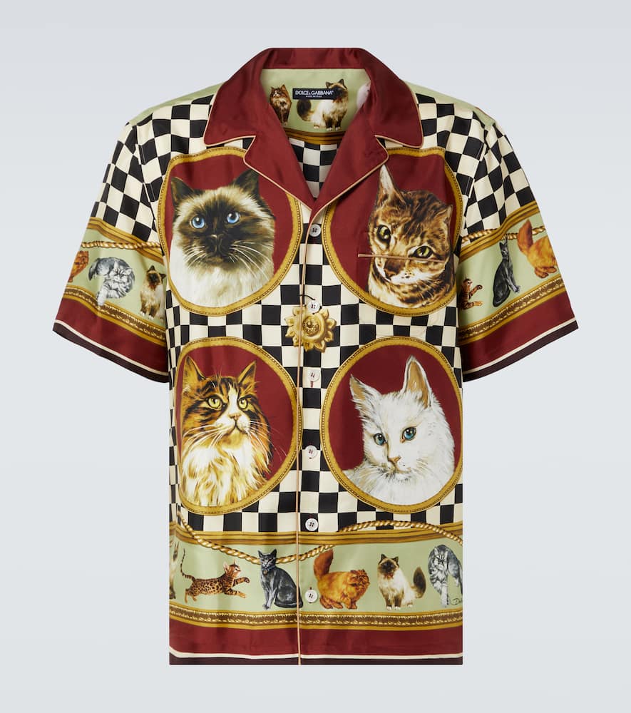 Dolce & Gabbana Cats Print Silk Bowling Shirt In Multicoloured