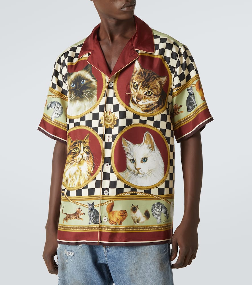 Dolce & Gabbana Cats Print Silk Bowling Shirt In Multicoloured