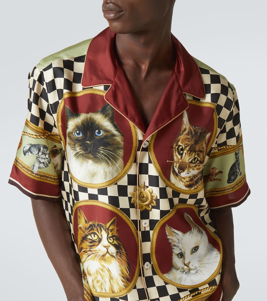 Dolce & Gabbana Cats Print Silk Bowling Shirt In Multicoloured