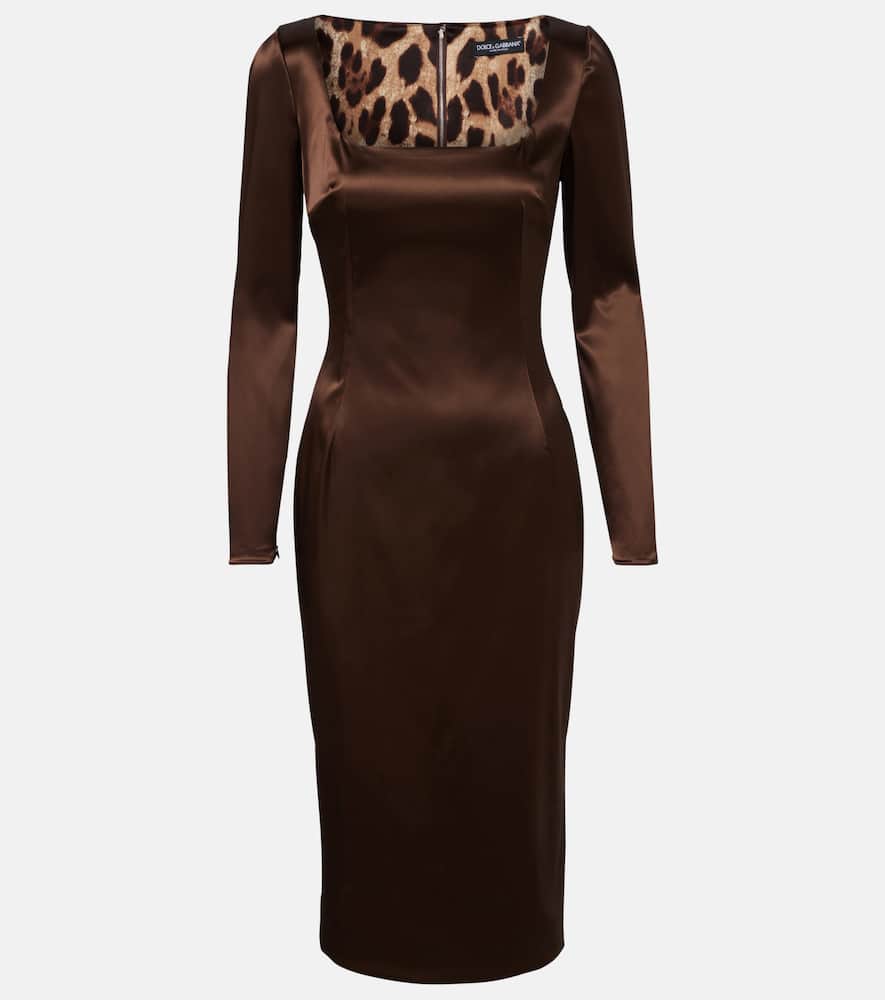 Dolce & Gabbana Long Sleeve Midi Dress With Animal Print Detail In Brown