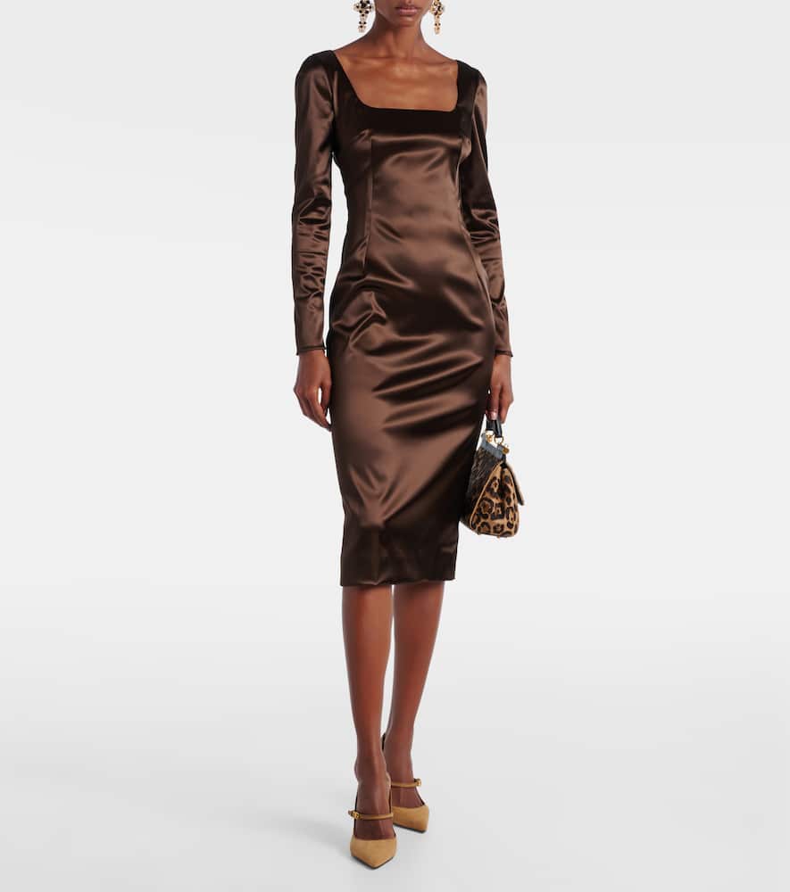 Dolce & Gabbana Long Sleeve Midi Dress With Animal Print Detail In Brown