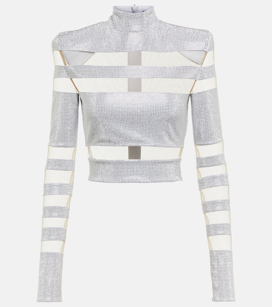 Balmain Mesh-paneled embellished top