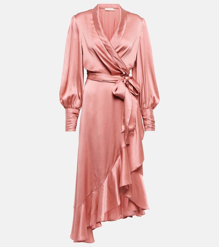 Zimmermann Blouson-sleeve Silk Wrap Midi Dress In Lipstic