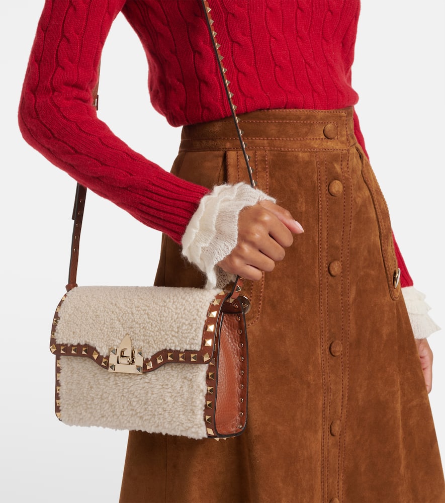 Valentino Rockstud Small Shearling Shoulder Bag In Neutrals