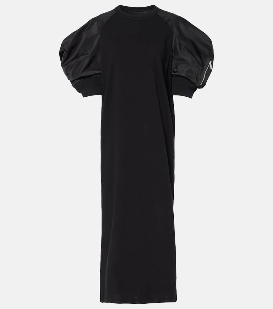 Puff-sleeve cotton-blend jersey midi dress