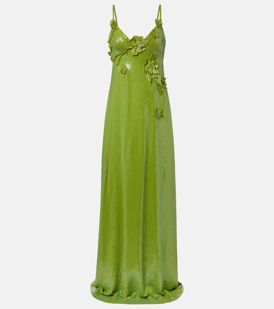 Oscar de la Renta Floral-appliqué sequined jersey gown