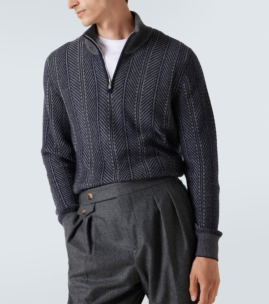 Brunello Cucinelli Men's Cashmere Chevron Vanise Quarter-zip Sweater In Black