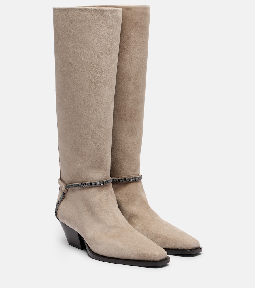 Brunello Cucinelli Monili Suede Knee-high Boots In Gray