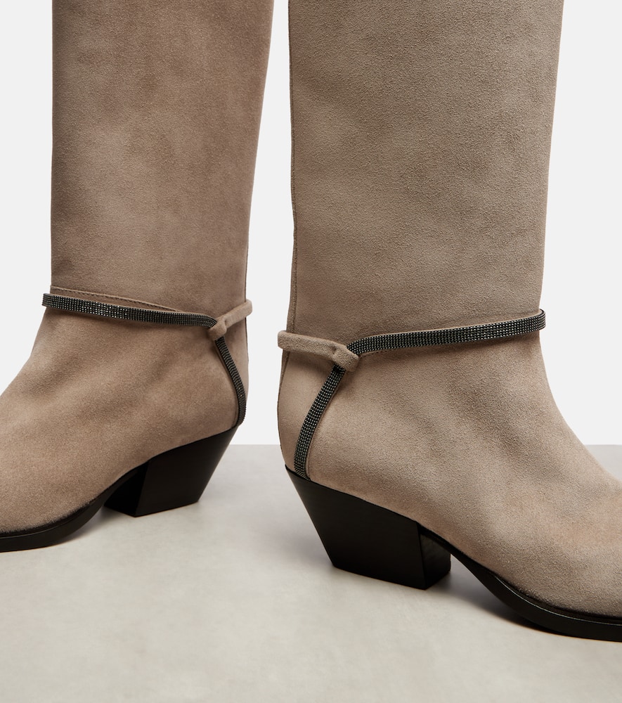 Brunello Cucinelli Monili Suede Knee-high Boots In Gray