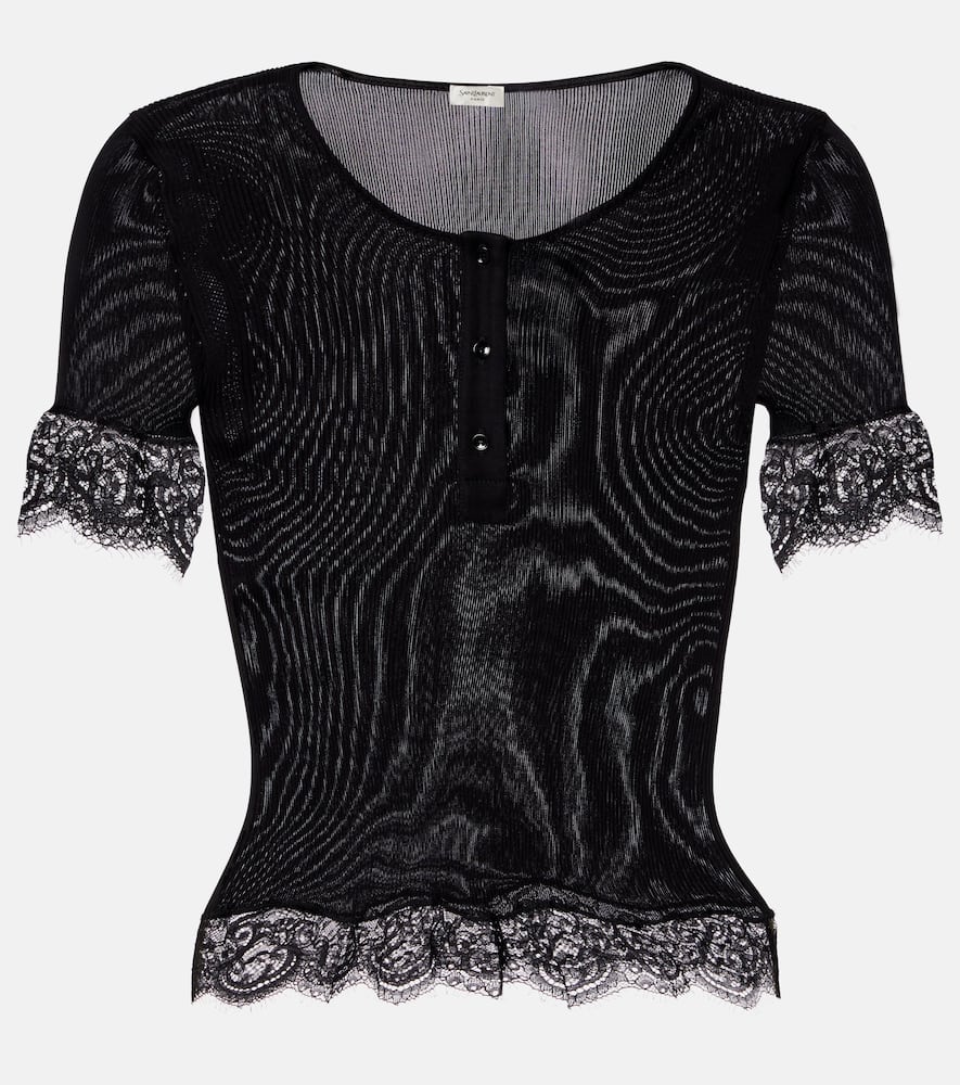 Saint Laurent Lace-trimmed Silk Jersey Top In Black