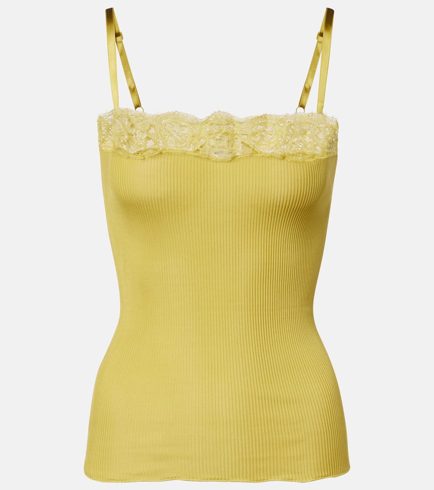 Saint Laurent Lace-trimmed Ribbed-knit Silk Camisole In Yellow