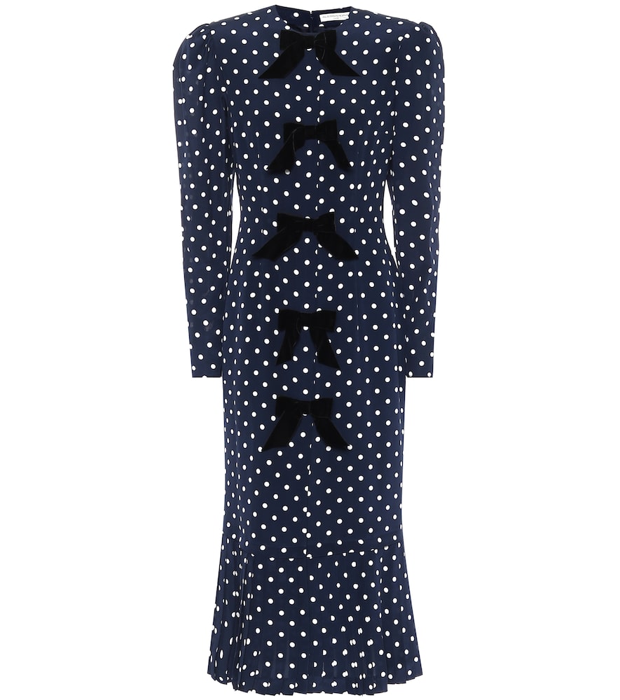 Click to view more detailed imagery on our partner's website Alessandra Rich Bow-embellished Polka-dot Silk Crepe De Chine Midi Dress In Blue