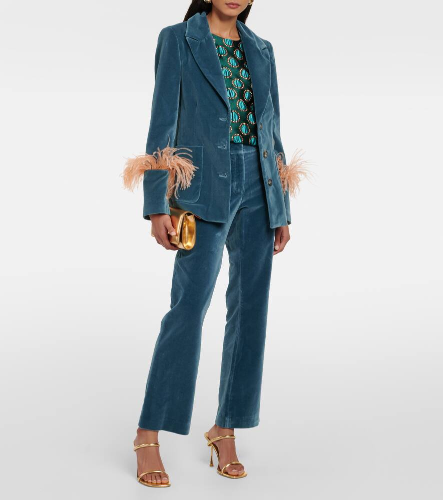 Shop La Doublej Feather-trimmed Cotton Velvet Blazer In Blue