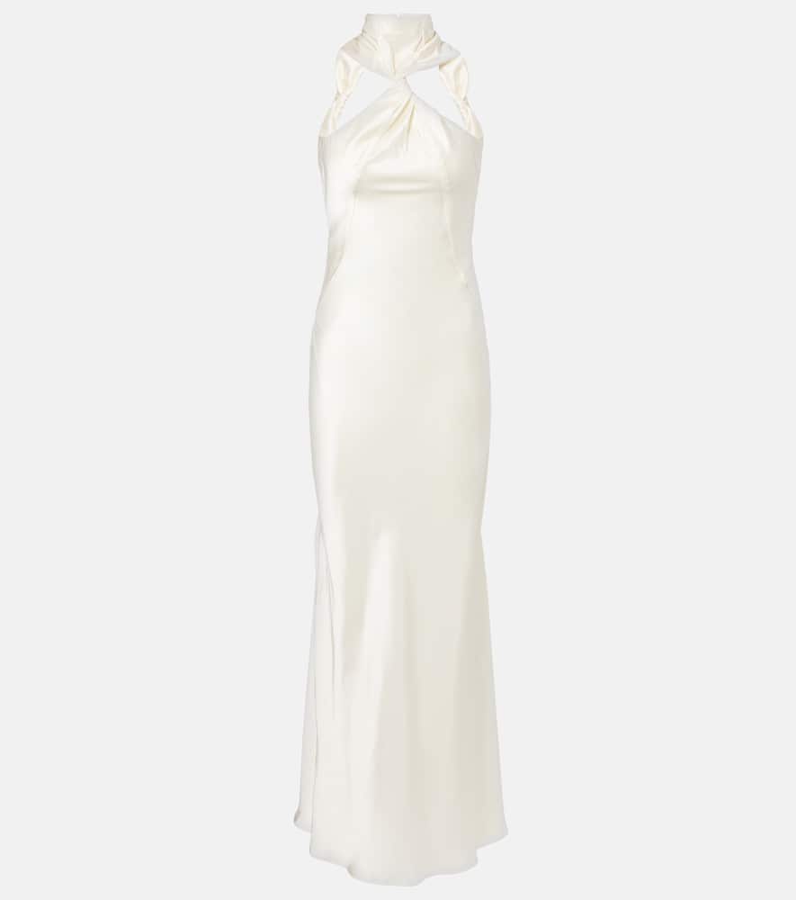 Attico Gathered Halterneck Satin Gown In Neutral